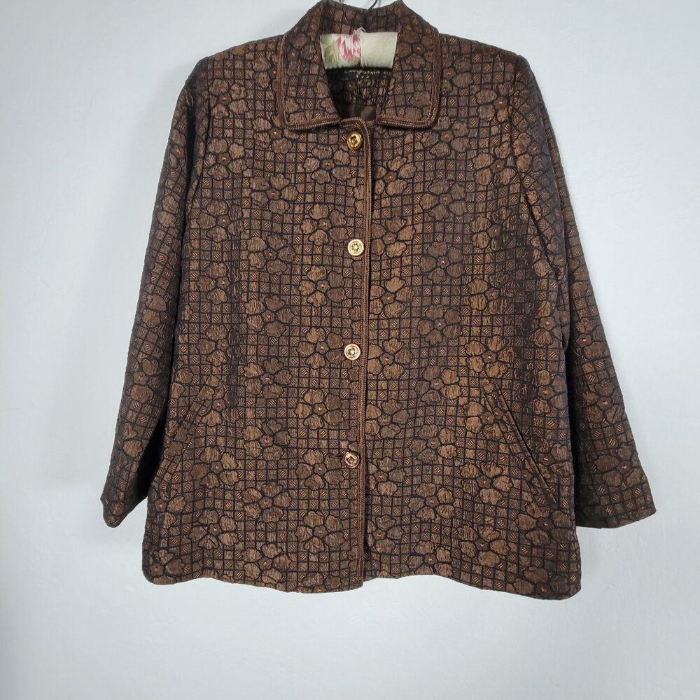 Vintage Dongnama Womens Brown Plaid Floral Pattern Jacket Button Front Career